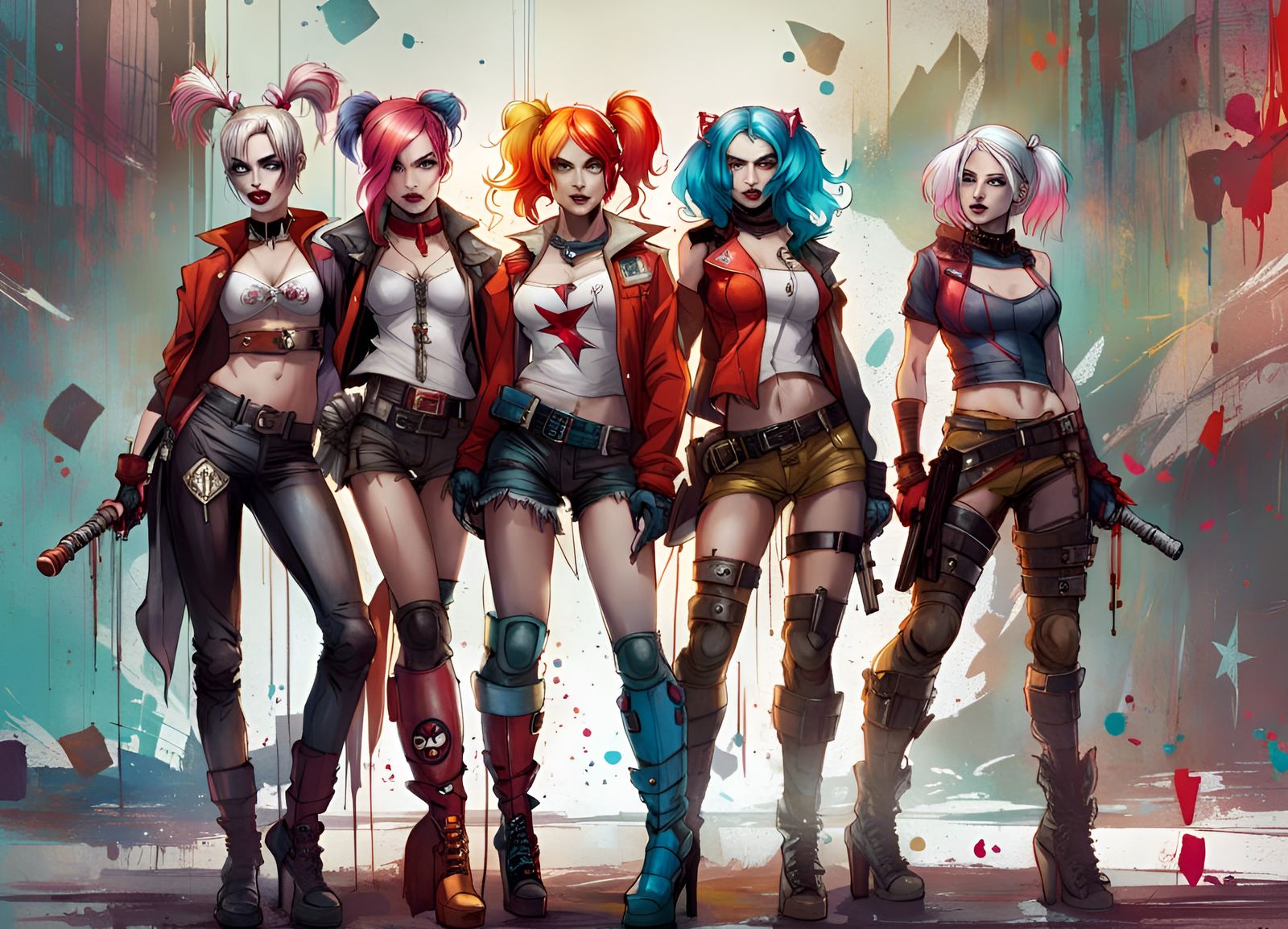 Five Harley Quinns in Digital Art Style