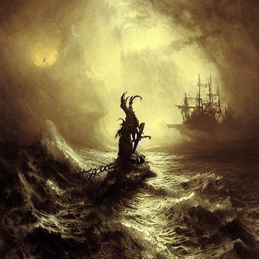 Undead Pirate on Sea Monster, Dark Fantasy Art