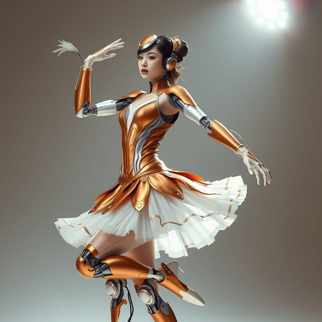 Cyborg Ballerina Dancing Gracefully in Steampunk Style