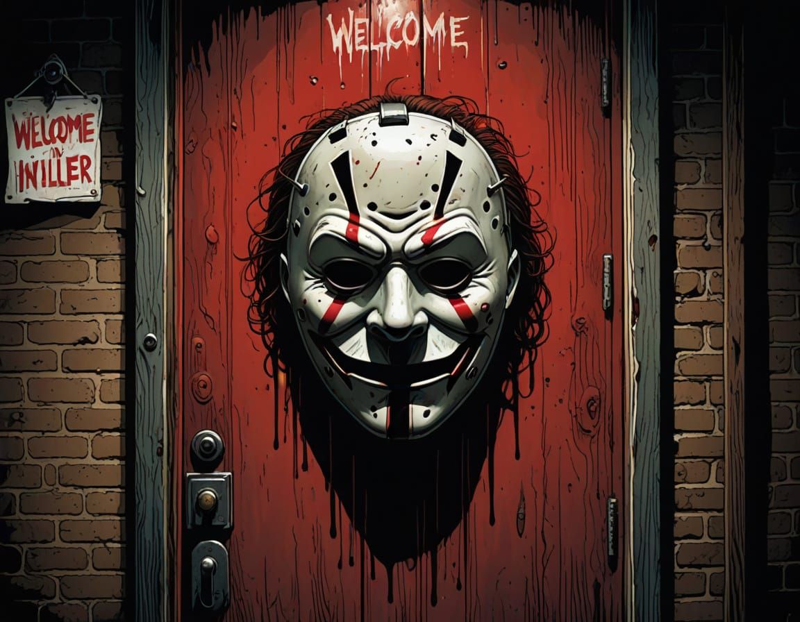 Ominous Mask on Door: Comic Book Style Art