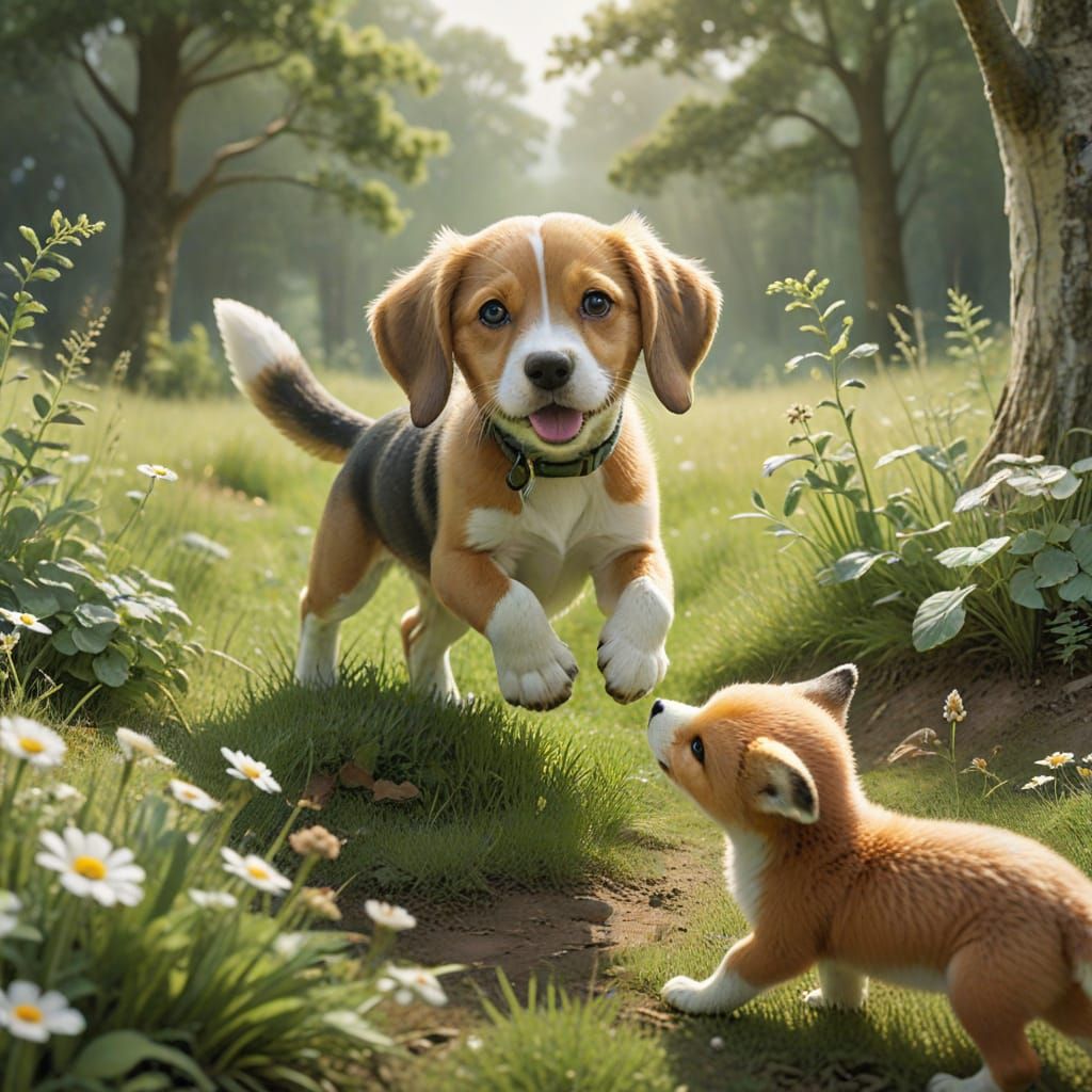 Little Puppy playing with a little Fox