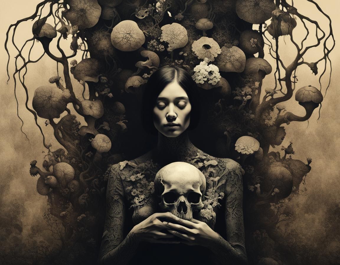 Surreal Woman with Skull in Dark Fantasy Style
