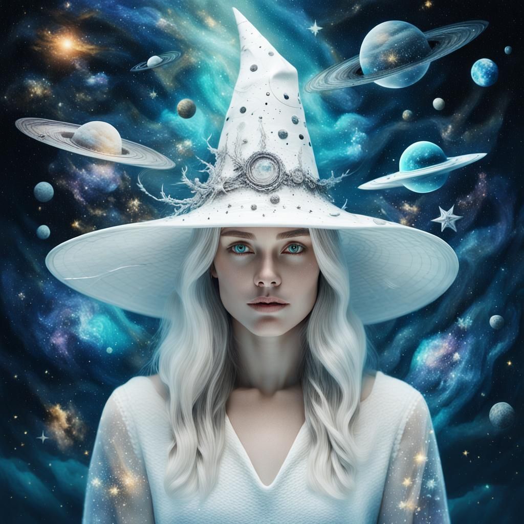 Cosmic Witch Double Exposure in Oil Painting Style