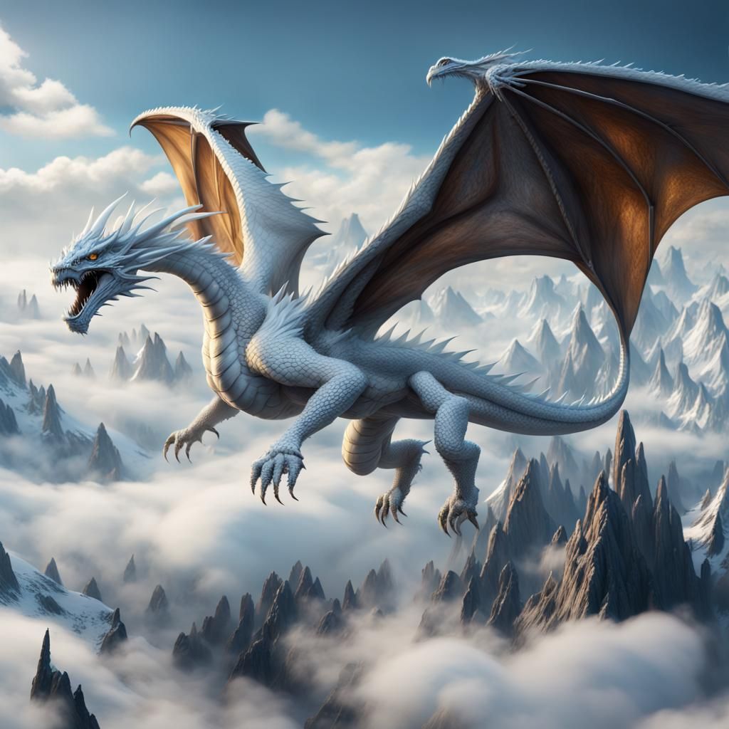 Fantasy White Dragon Flying Above Icy Peaks
