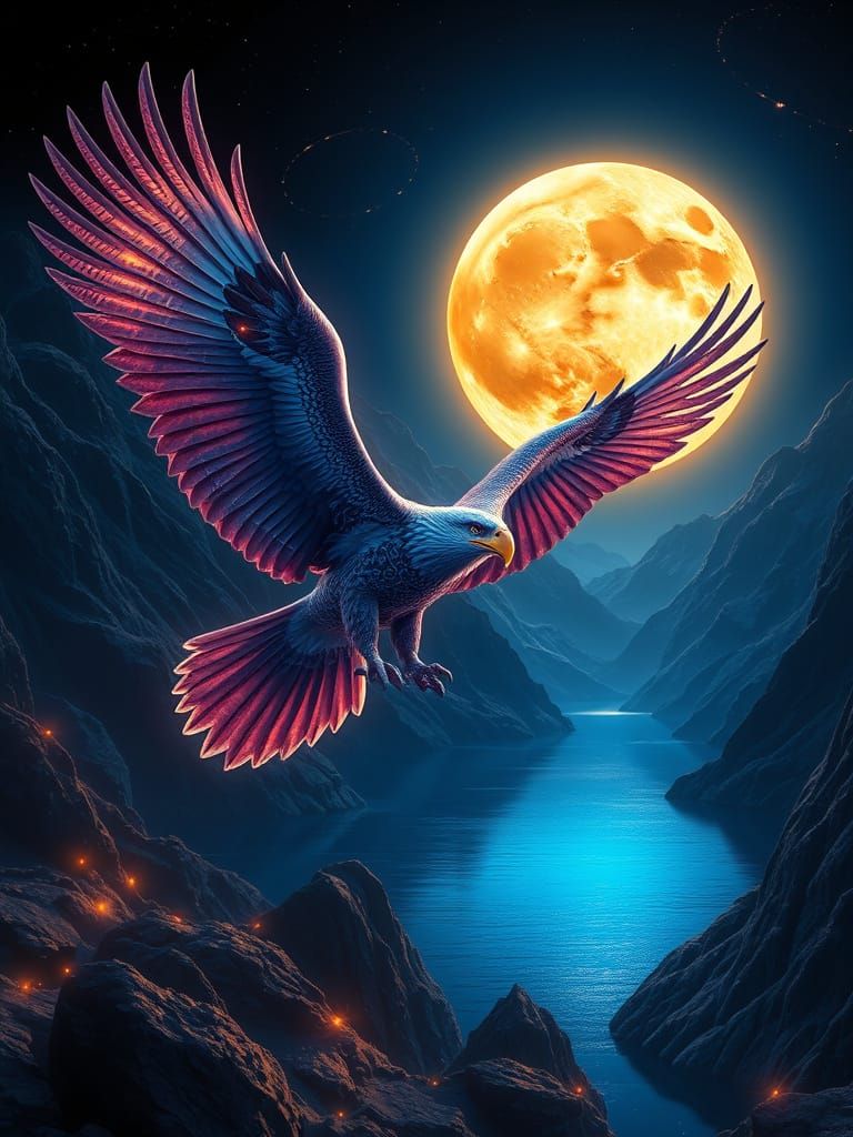 Eagles with Sapphire Runes in Neon Landscape