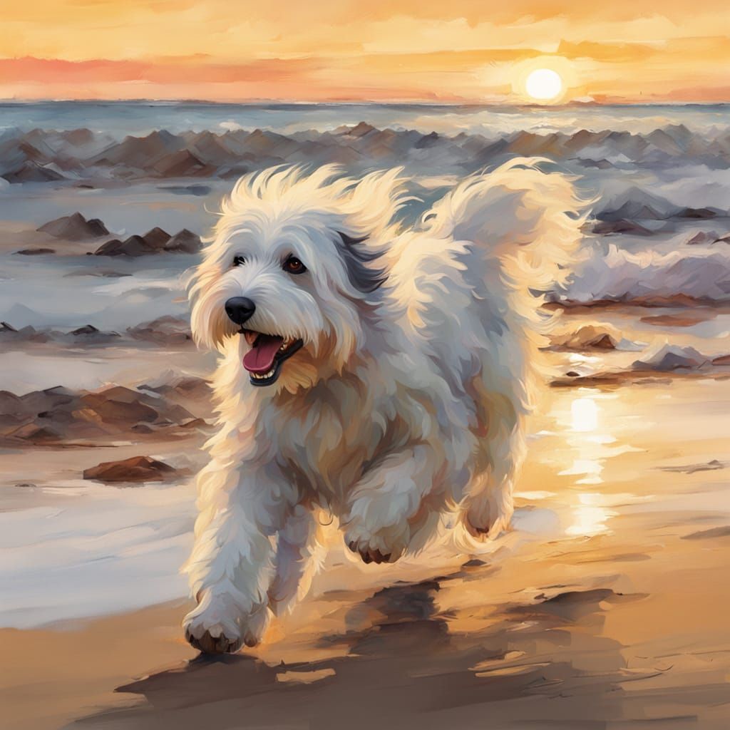 Old English Sheepdog Running on Beach in Golden Hour Light