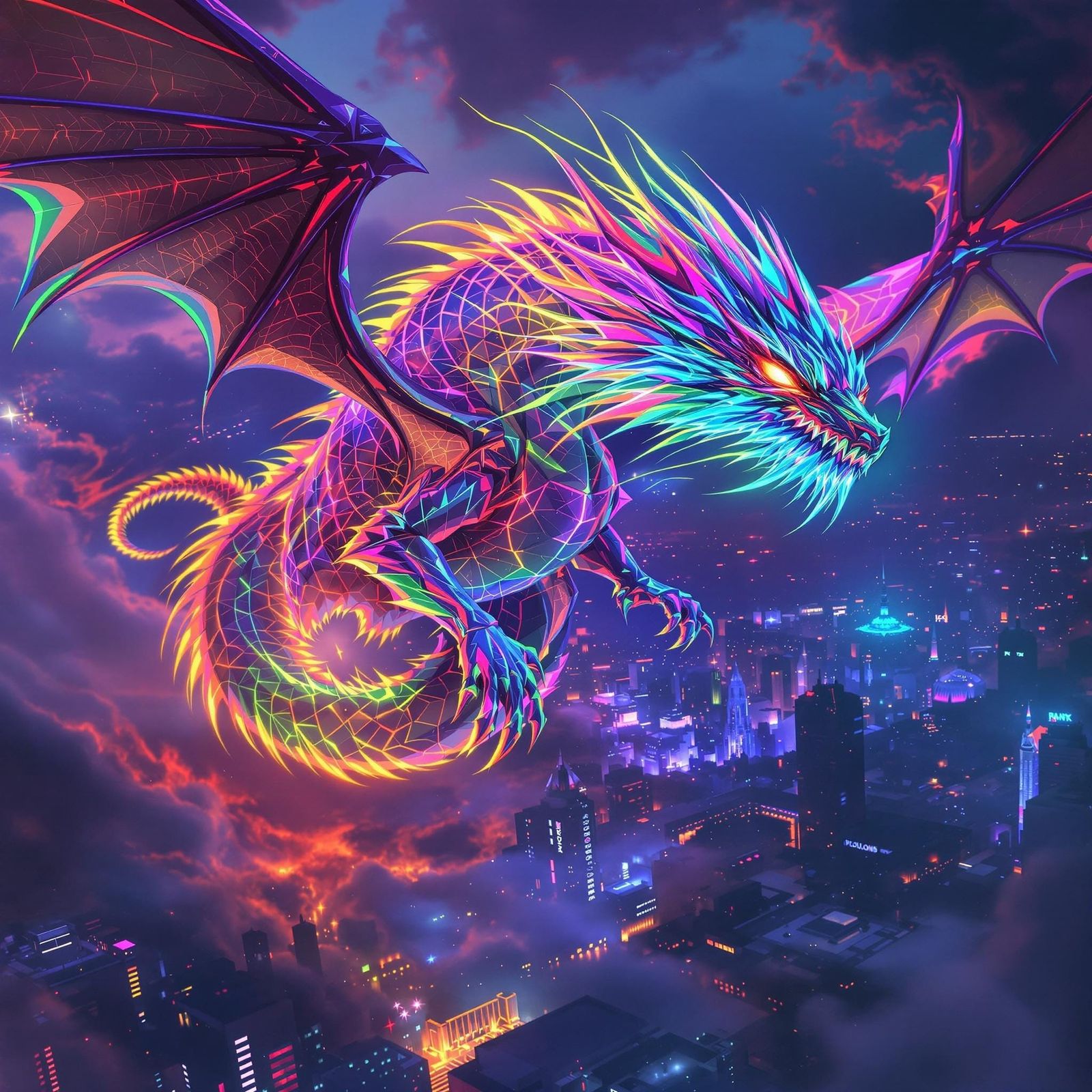 Neon Dragon Soaring Over Futuristic Metropolis