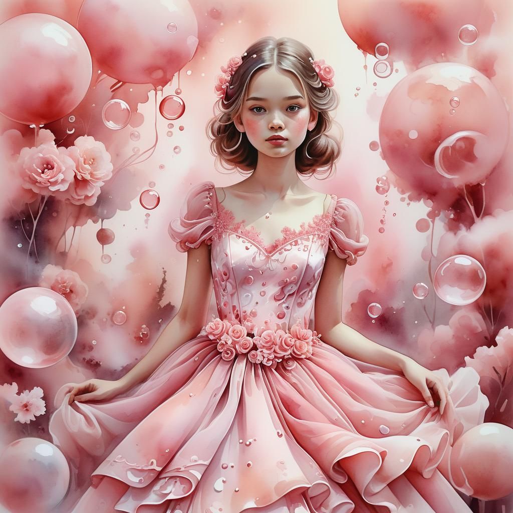 Whimsical Watercolor of Girl Surrounded by Pink