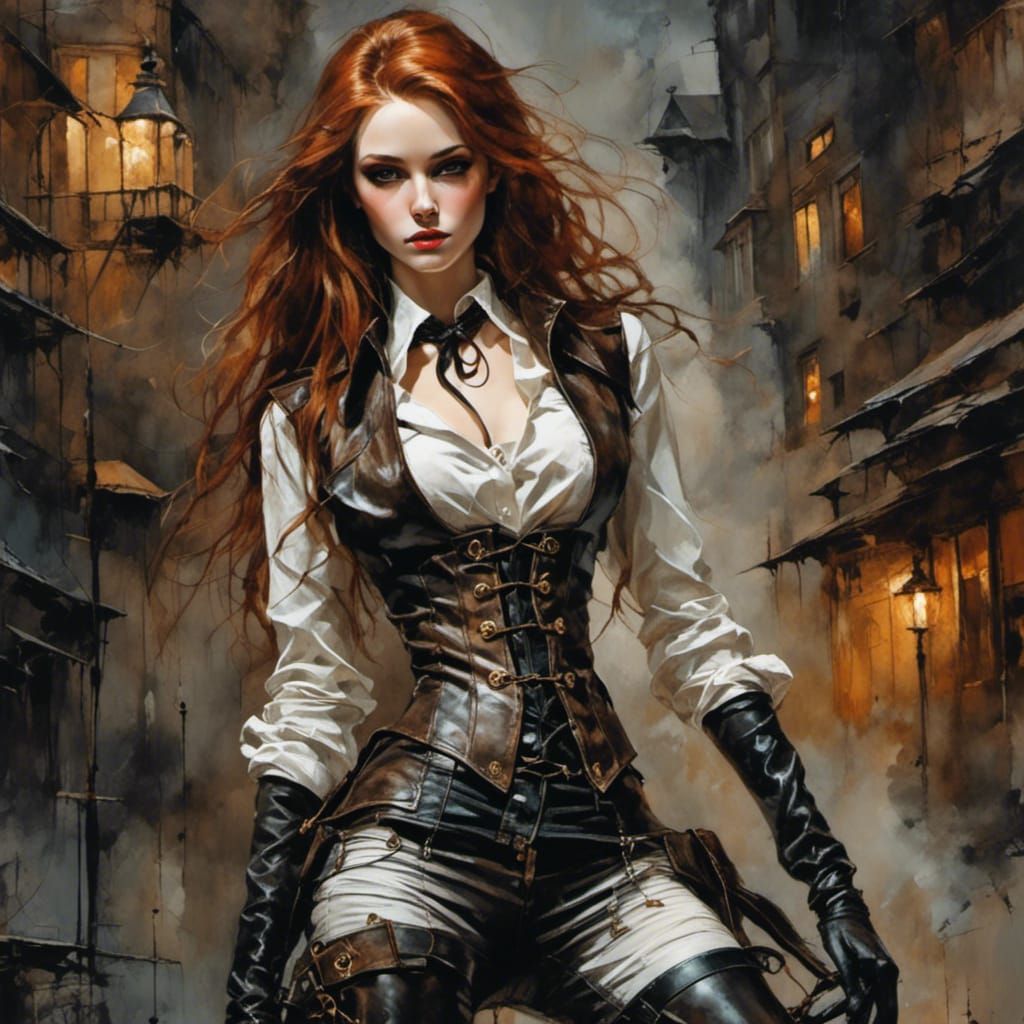 Steampunk Auburn Beauty in Leather Corset