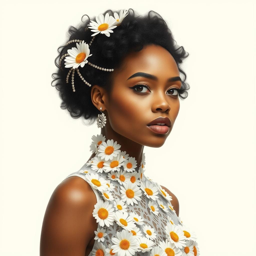 Radiant Woman in Edible Daisy Haute Couture Suit