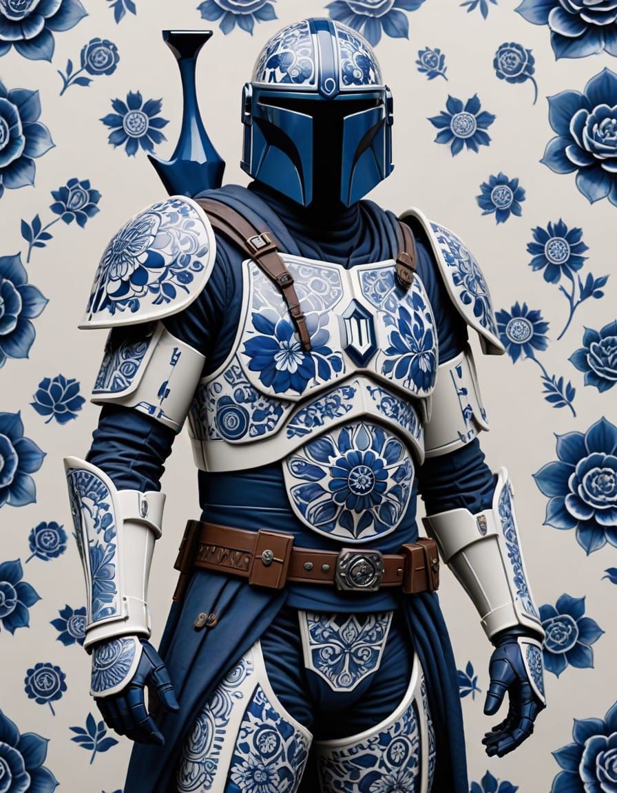Cyberpunk Warrior in Delft-Inspired Armor