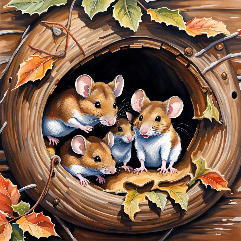 Cozy Winter Mouse Family in Gouache Style