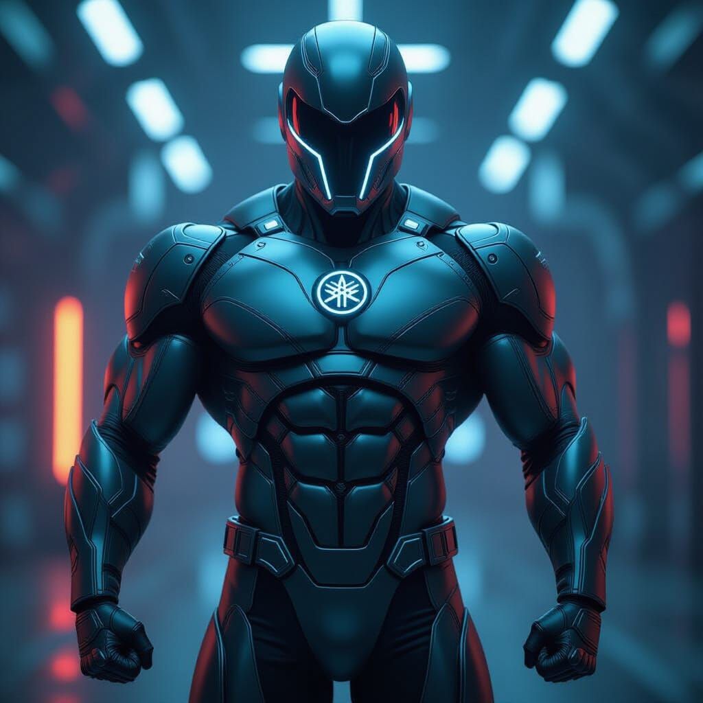 Futuristic Superhero in Yamaha-Branded Tech Suit