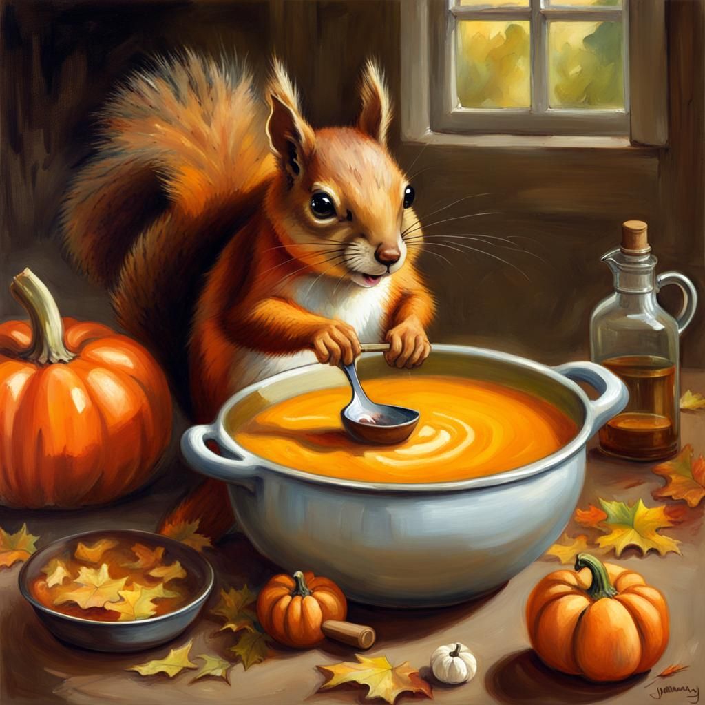 Squirrel Chef Cooking Pumpkin Soup as Oil Painting