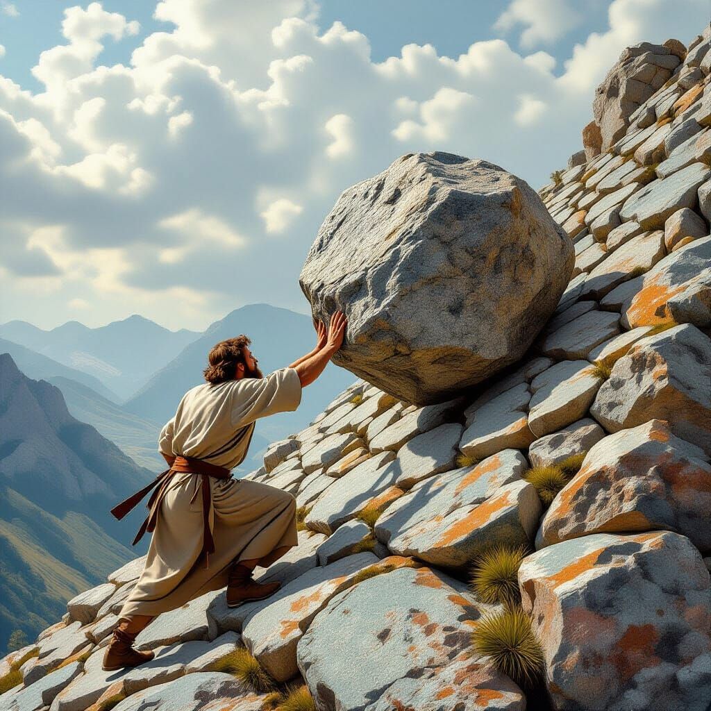 Man Pushing Boulder Up Hill in M.C. Escher Style