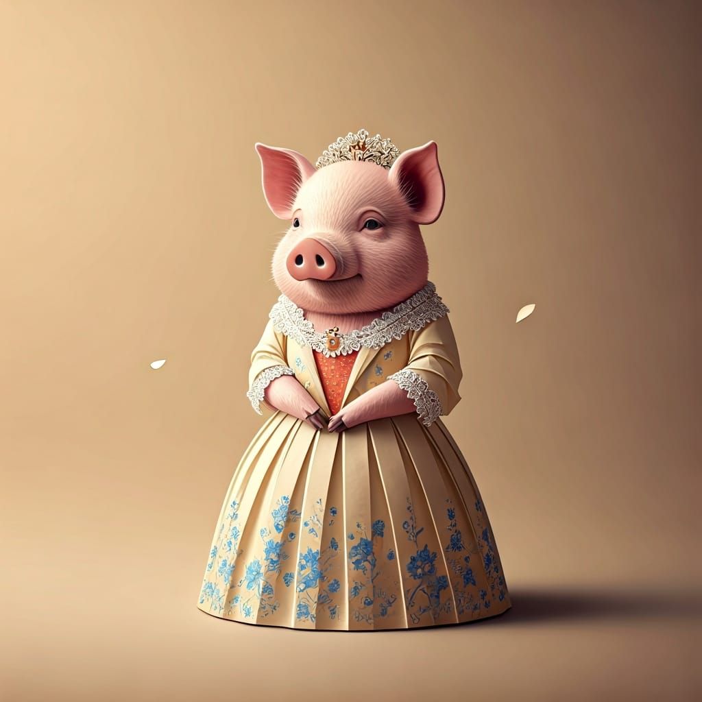 Mother Pig in Human Attire with Origami Art