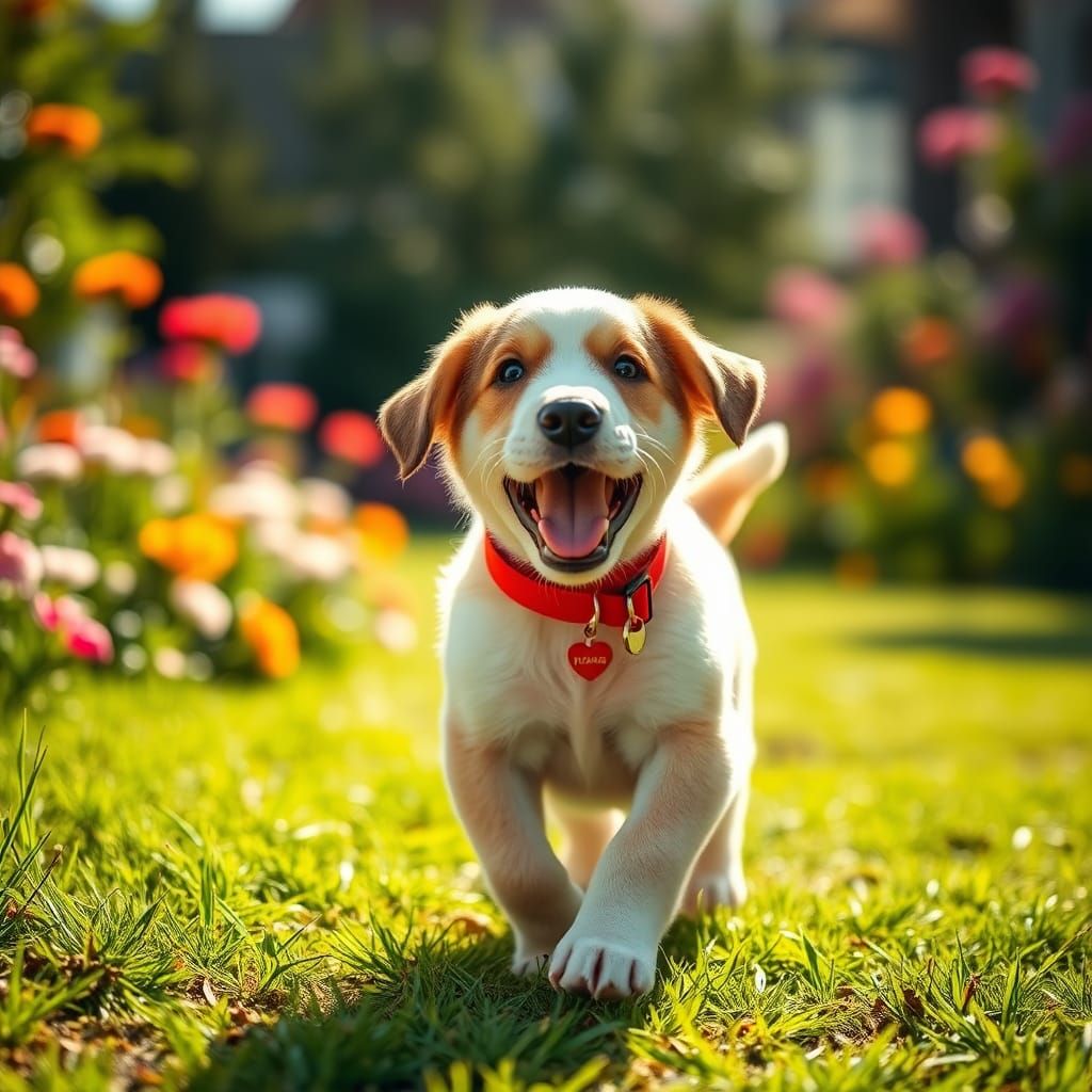 Joyful Puppy Running in a Sunny Garden