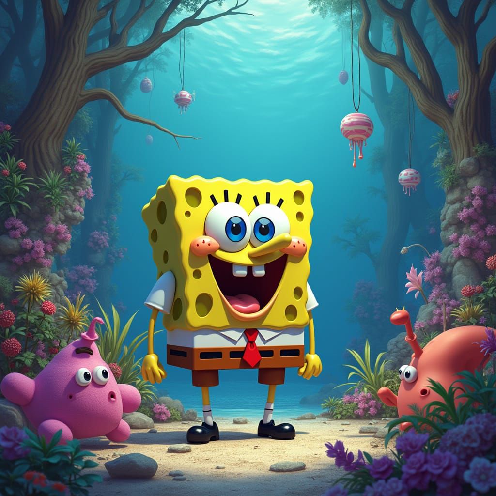 Surreal Bikini Bottom Scene in Vibrant, Exaggerated Style