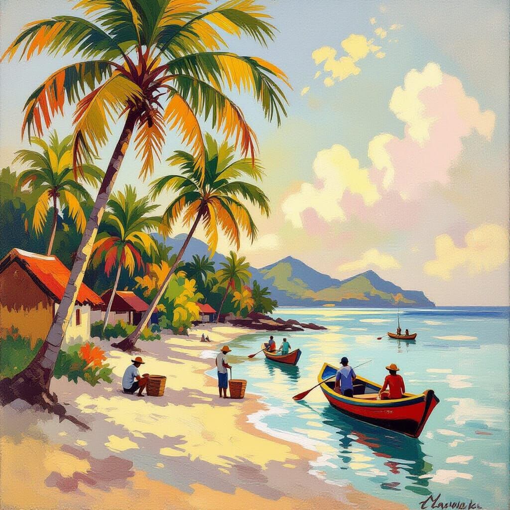 Tropical Island Life: Fishing and Palm Trees in Painterly St...