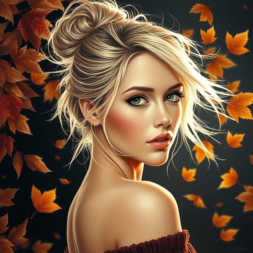 Autumn Woman Portrait with Swirling Leaves