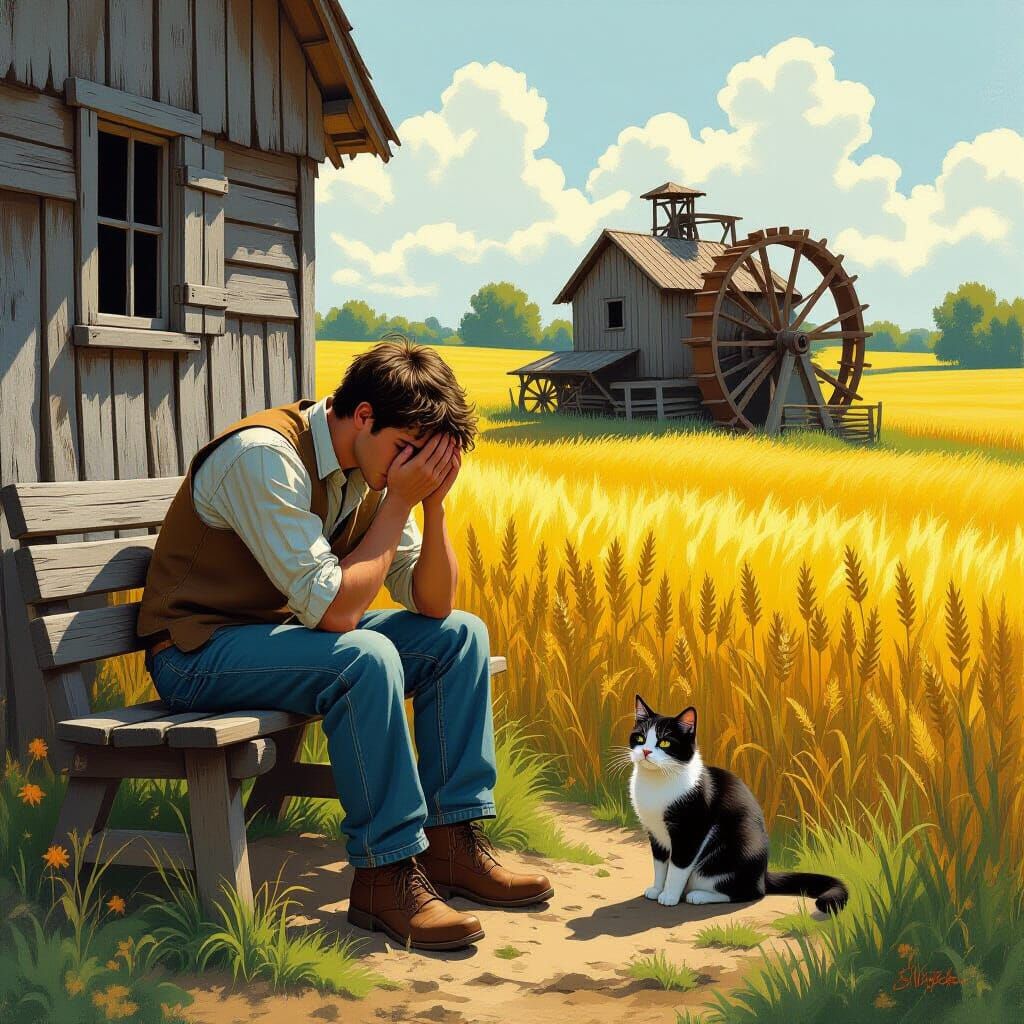 Rustic Mill Scene with Man and Cat