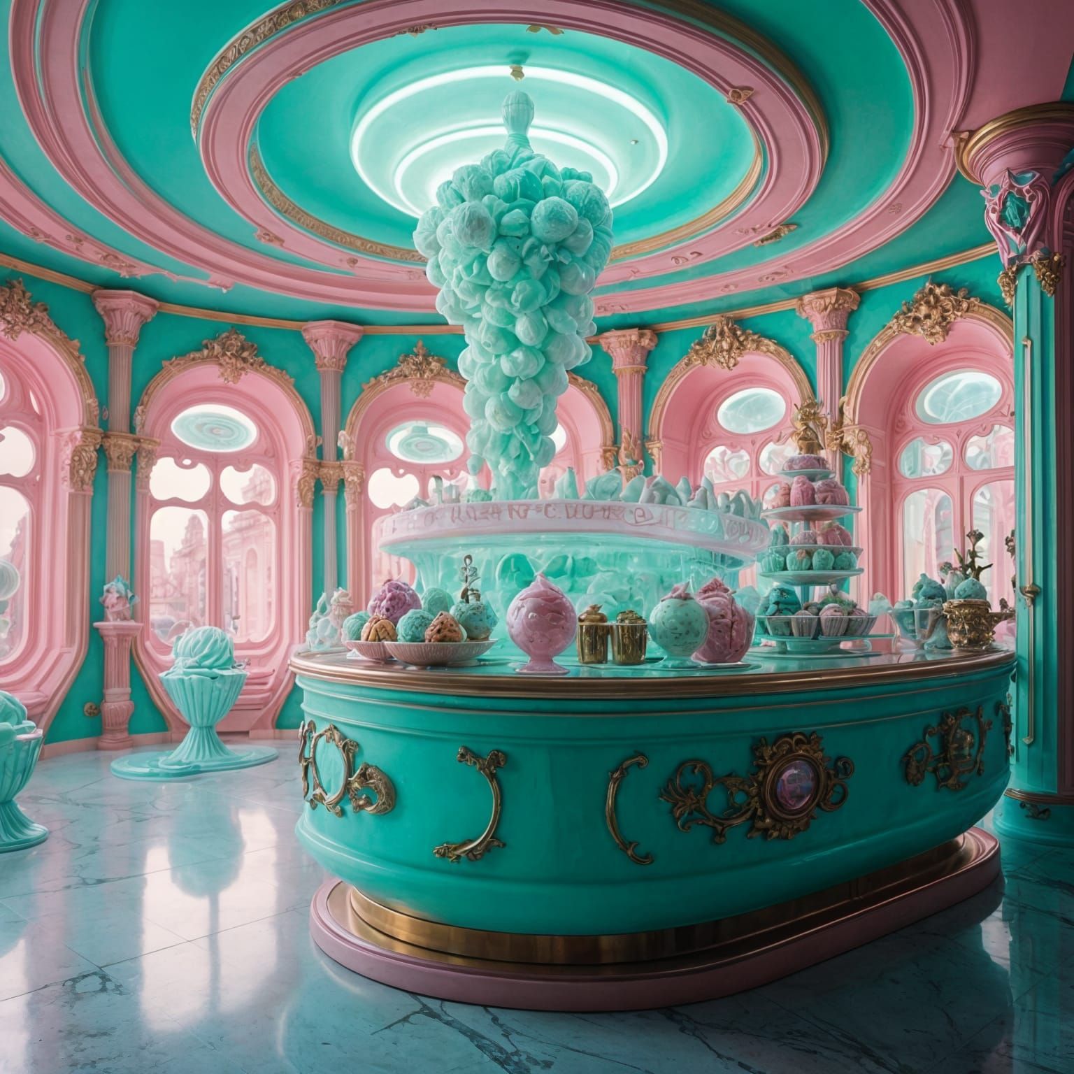 Futuristic Rococo Ice Cream Store in Pastel Colors