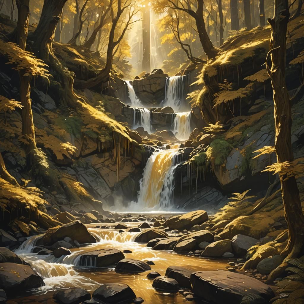 Golden Waterfall in Ancient Forest: Fantasy Matte Painting