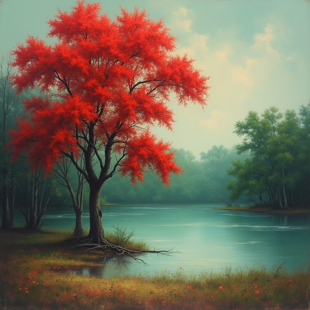 Florida Lake Scene with Poinciana Tree