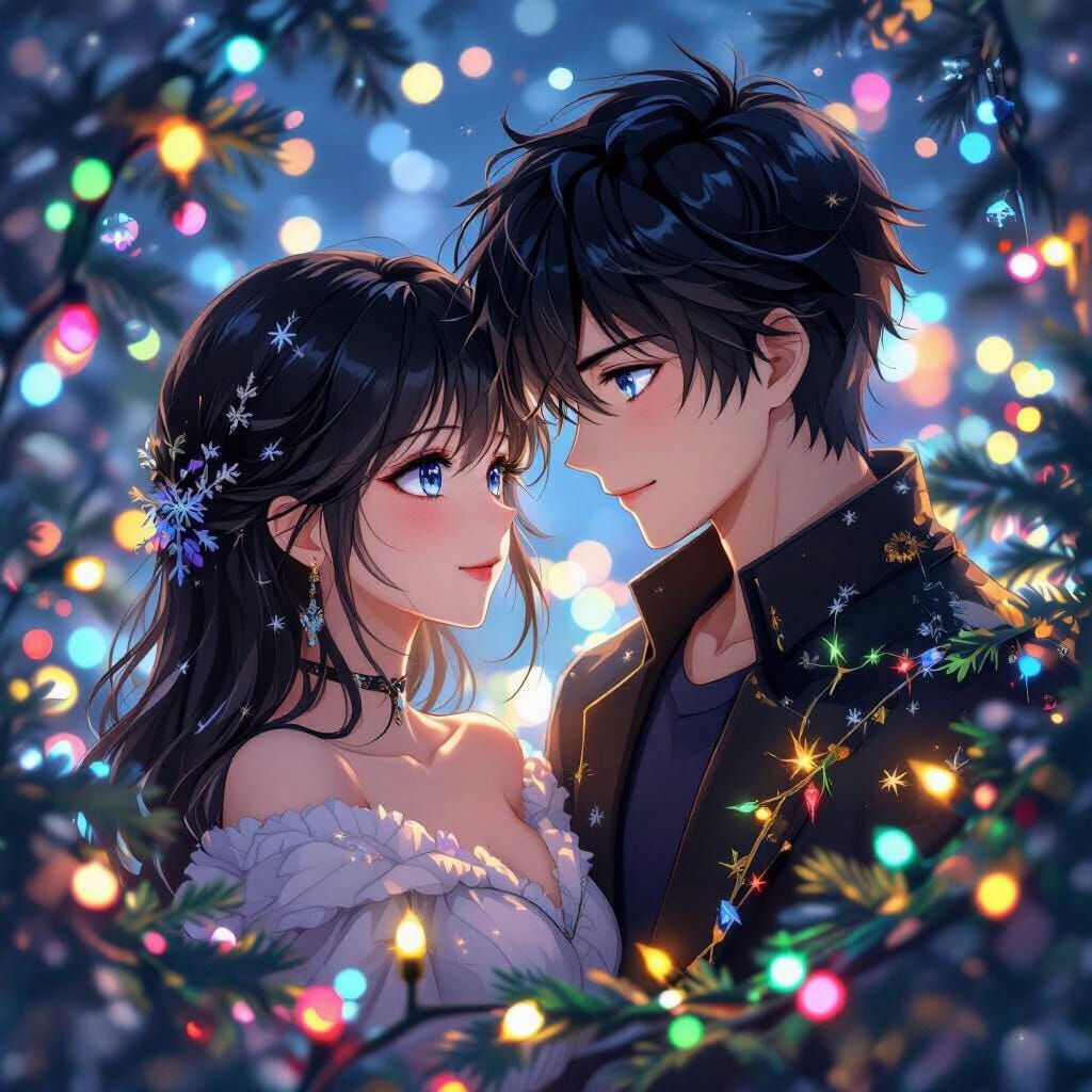 Romantic Couple Amidst Twinkling Christmas Lights