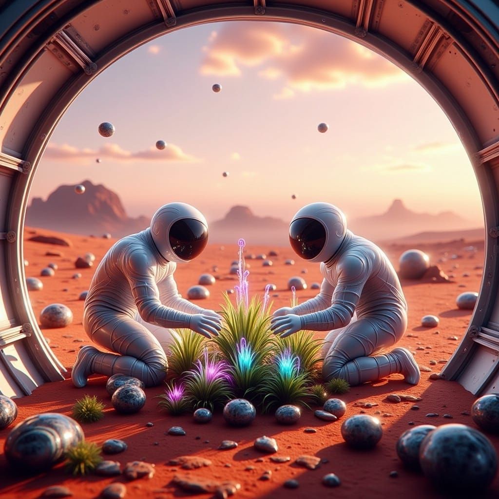 Astronaut Tends Glowing Martian Garden in Geodesic Dome