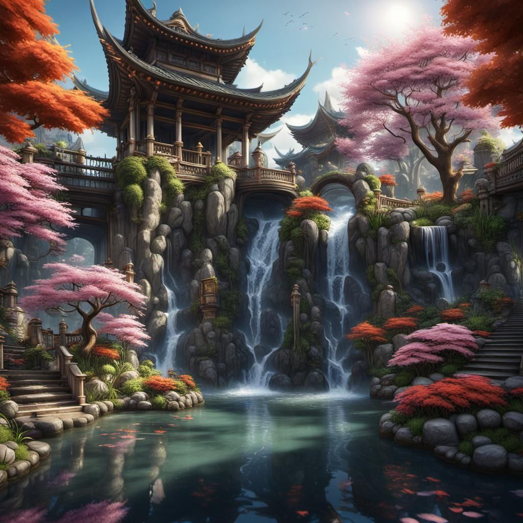 Fantastical Urban Landscape with Waterfalls and Koi Ponds