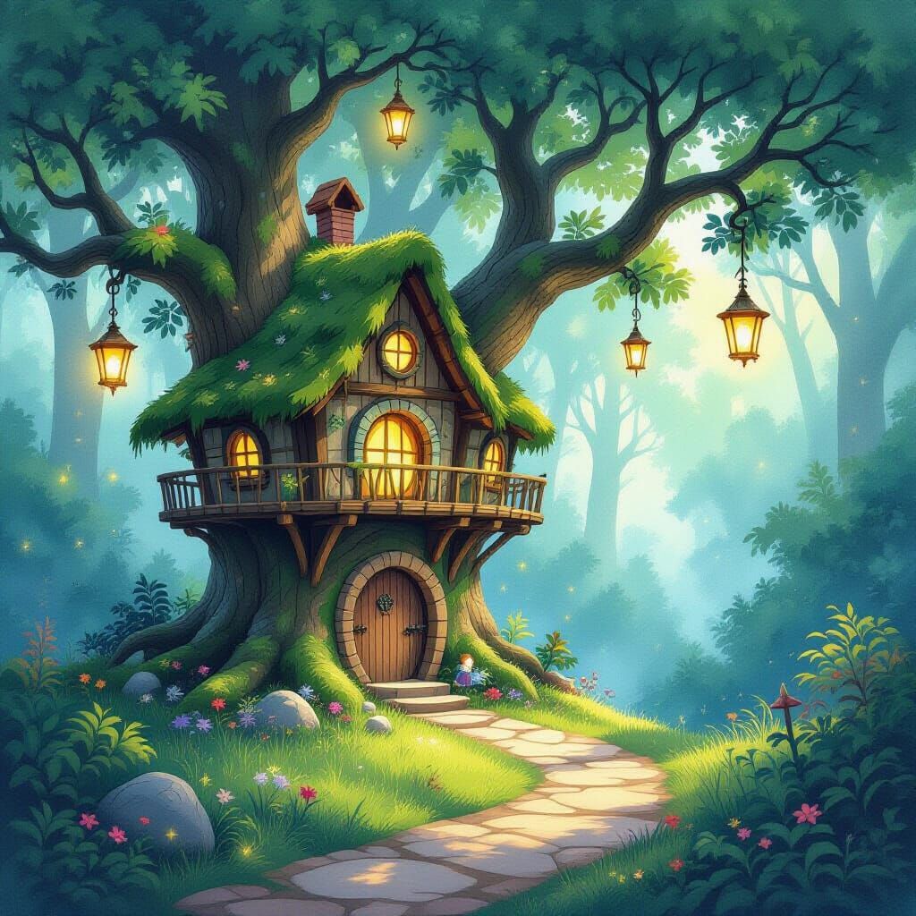 Enchanted Treehouse Village with Sprites and Glowing Lantern...