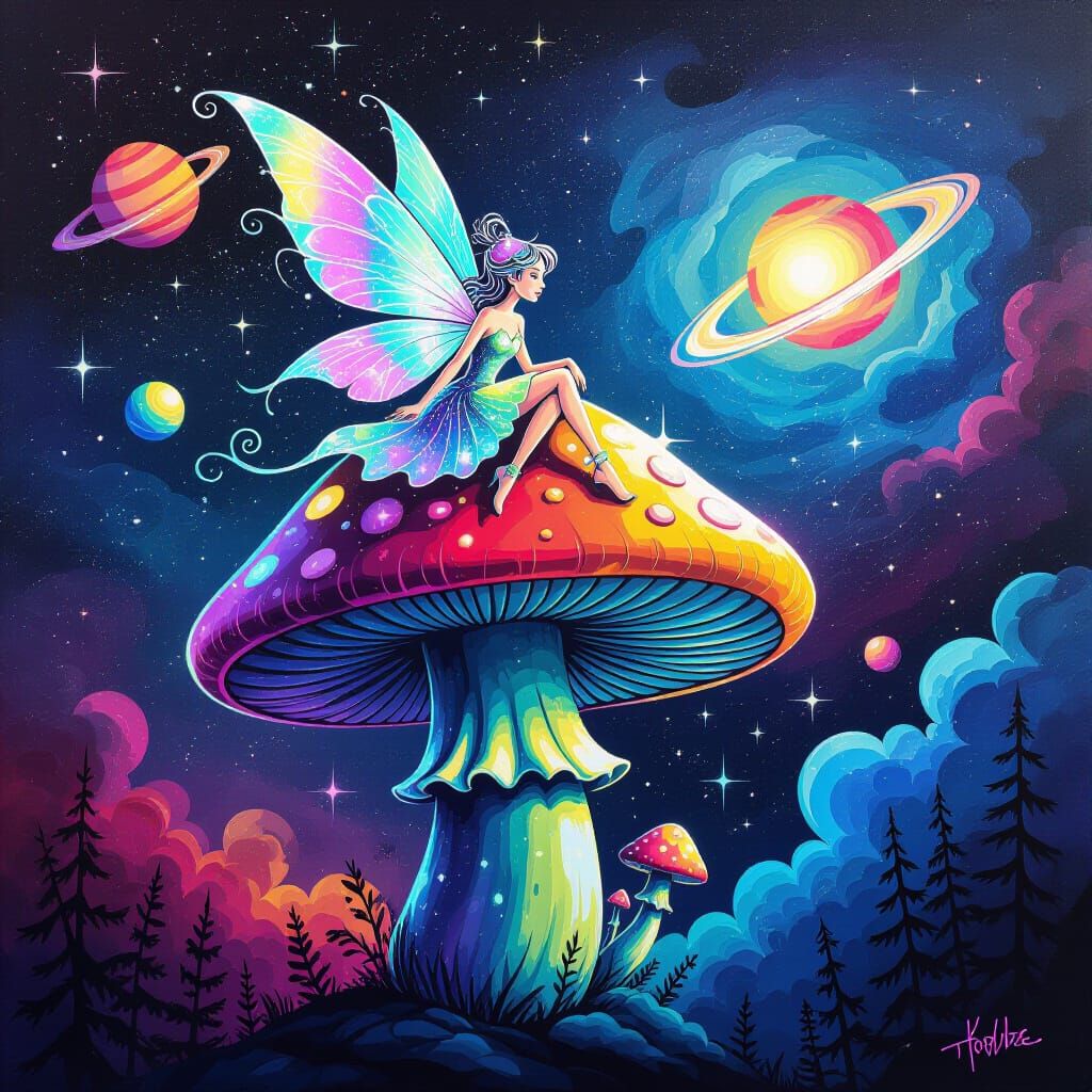 Fairy Rides Luminous Mushroom Through Cosmic Nebula