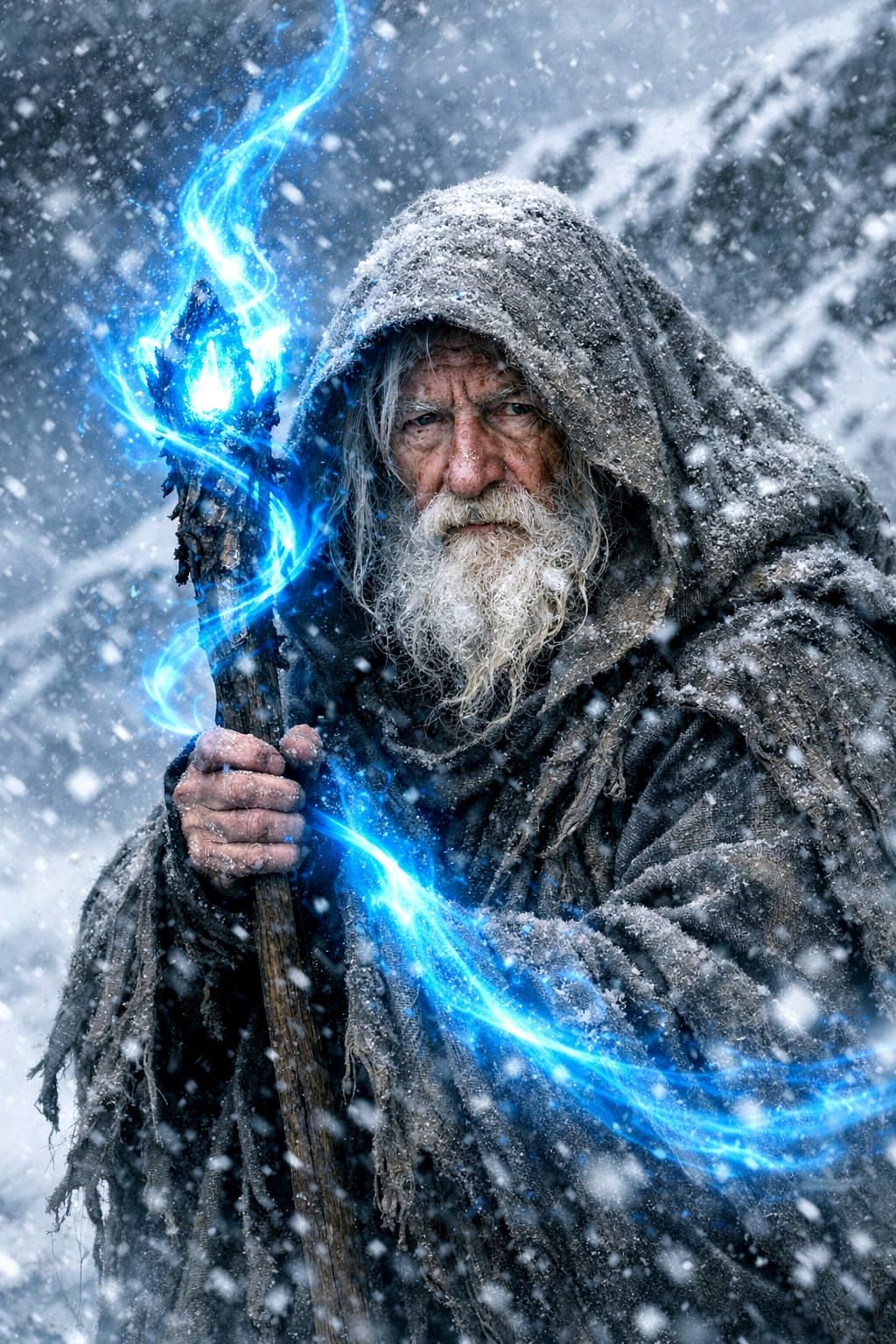 Scruffy Gandalf with Glowing Staff in Snowy Storm