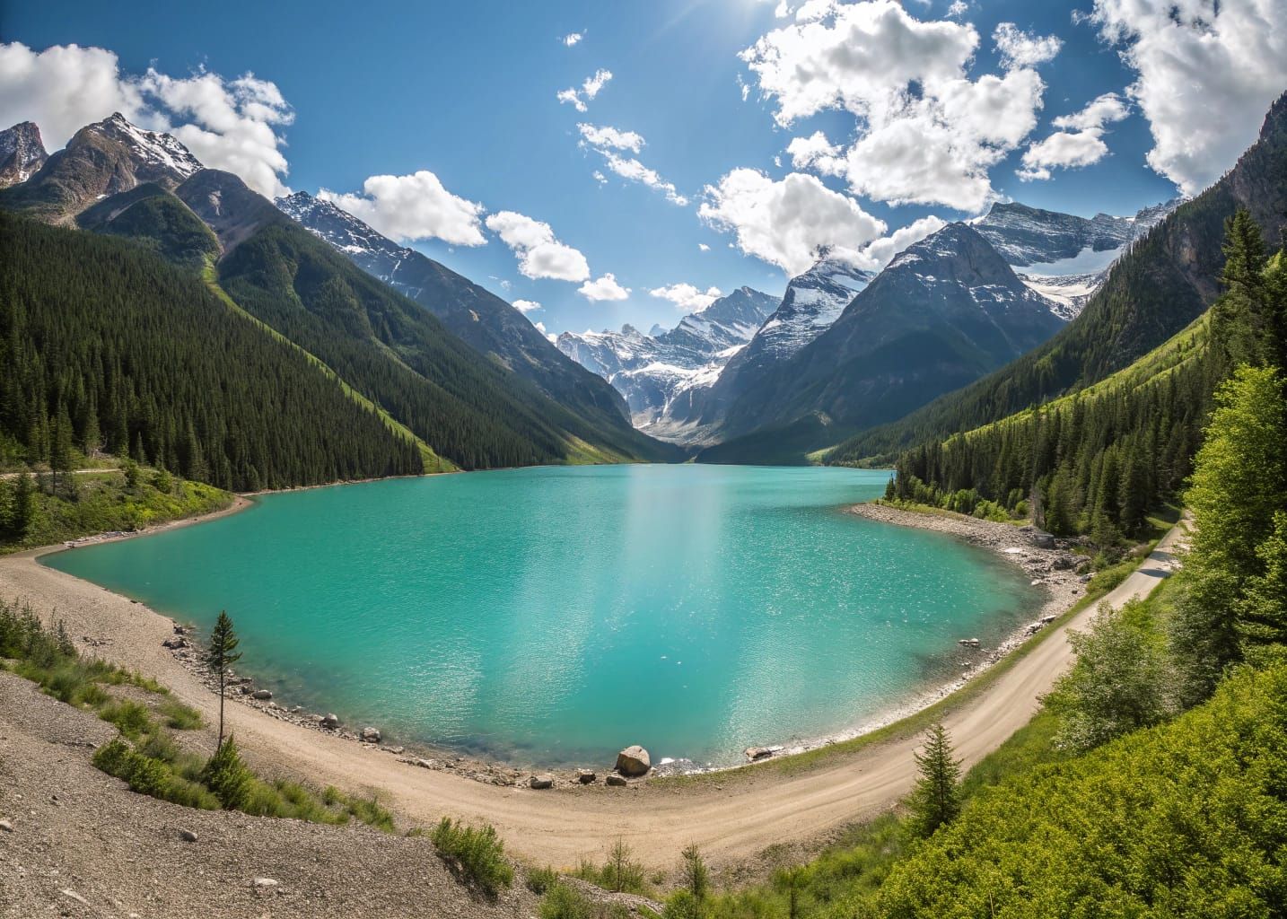 Serene Turquoise Lake in Verdant Valley with Snow-Capped Mou...