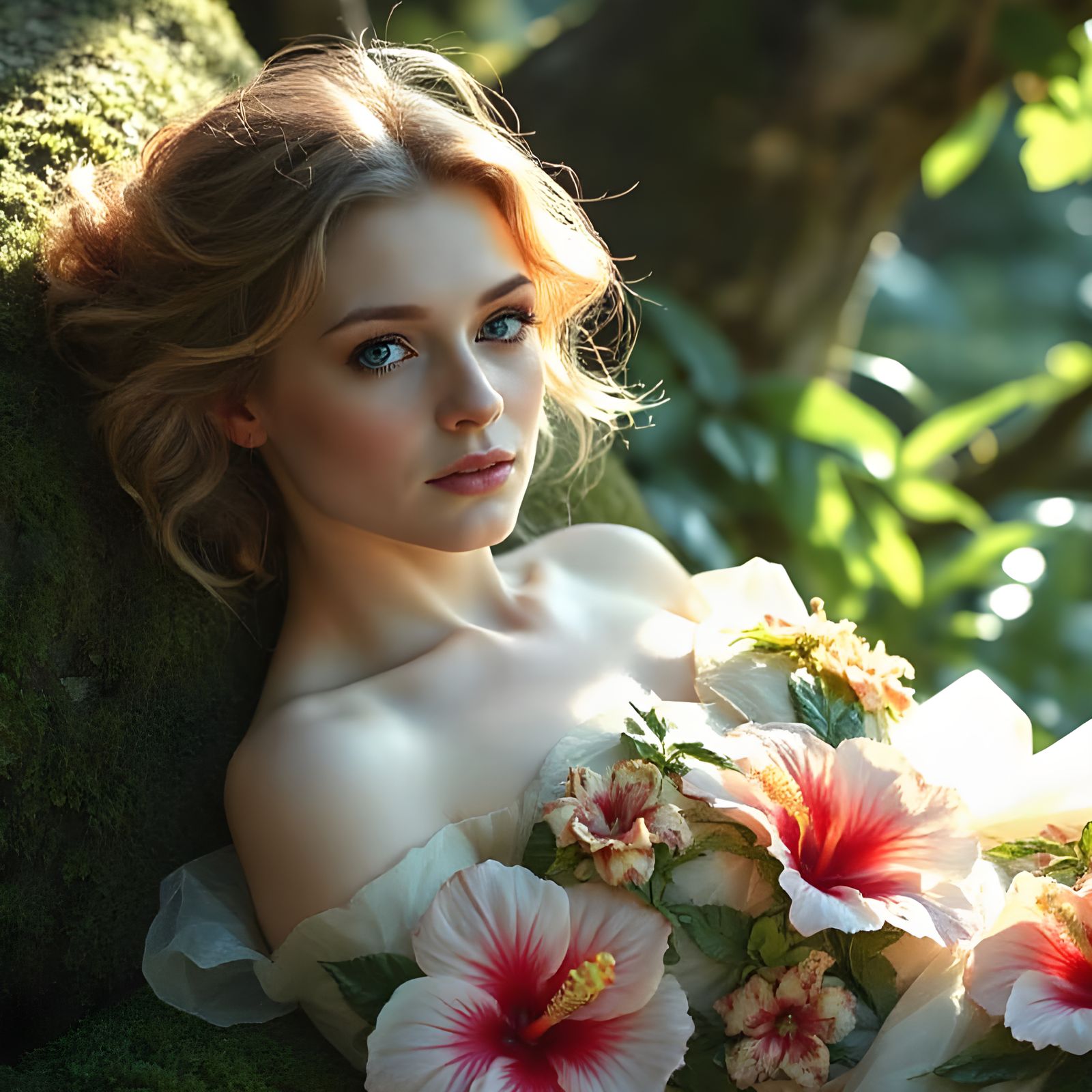 Hibiscus Gown: Alphonse Mucha and Waterhouse Fusion