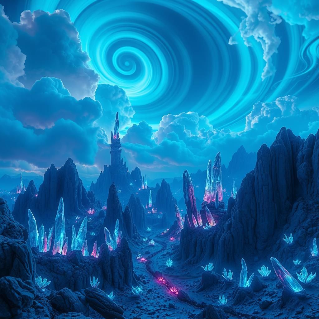 Dreamlike Neon Blue Landscape with Bioluminescent Flora