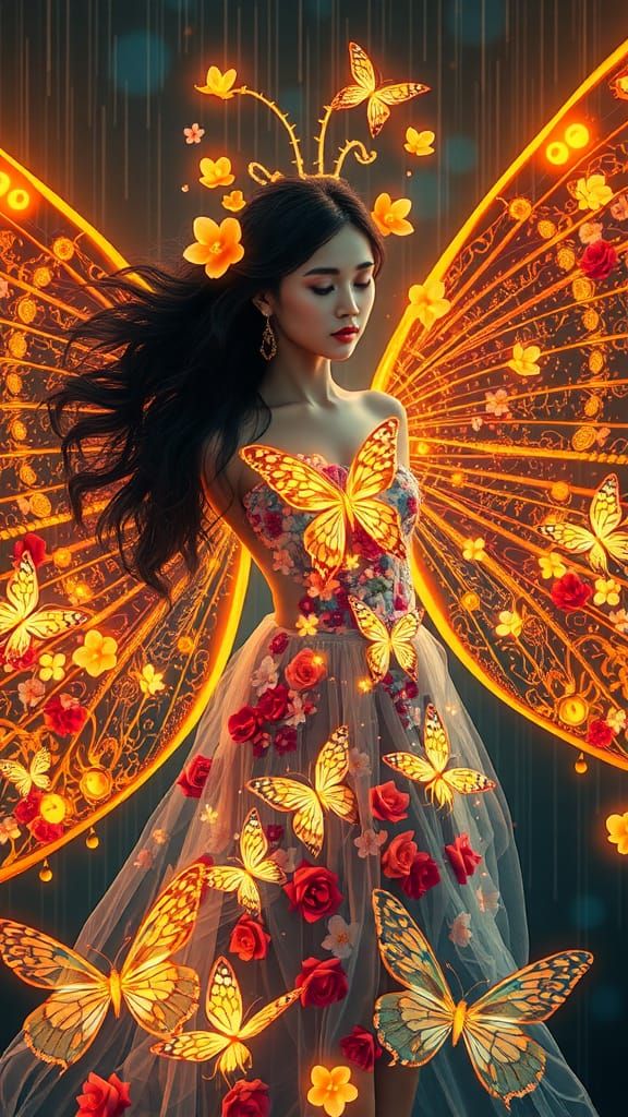 Luminous Butterfly Woman in Surreal Setting