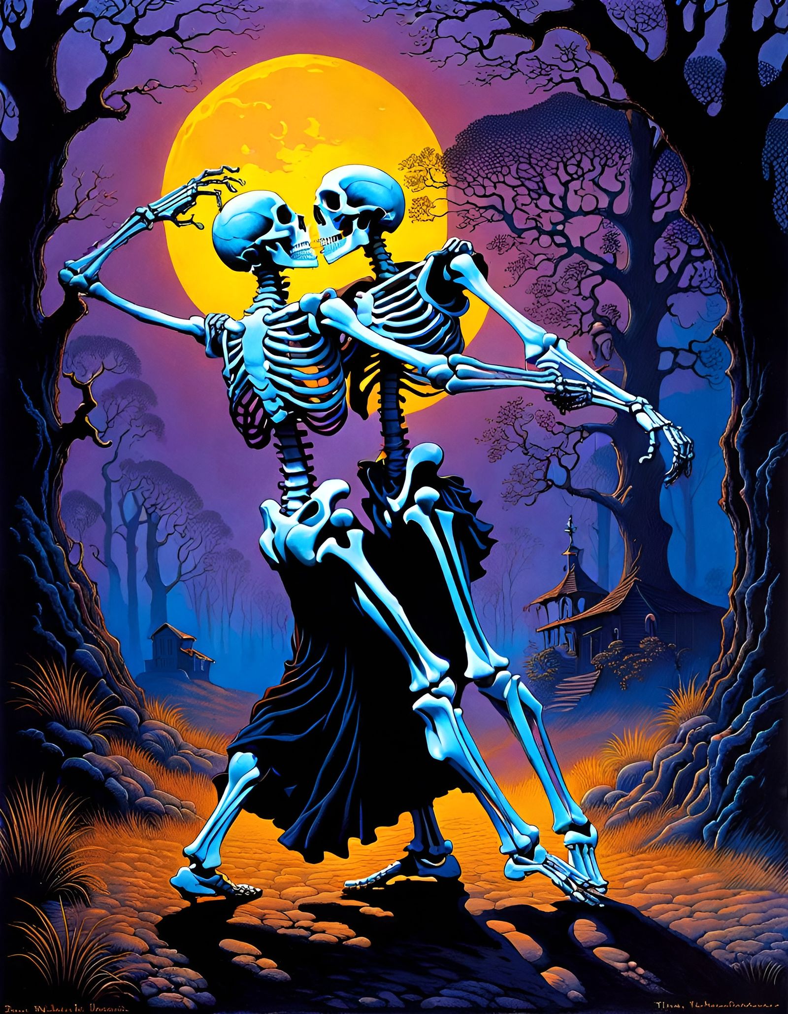Skeletons Dancing Danse Macabre in Dramatic Twilight
