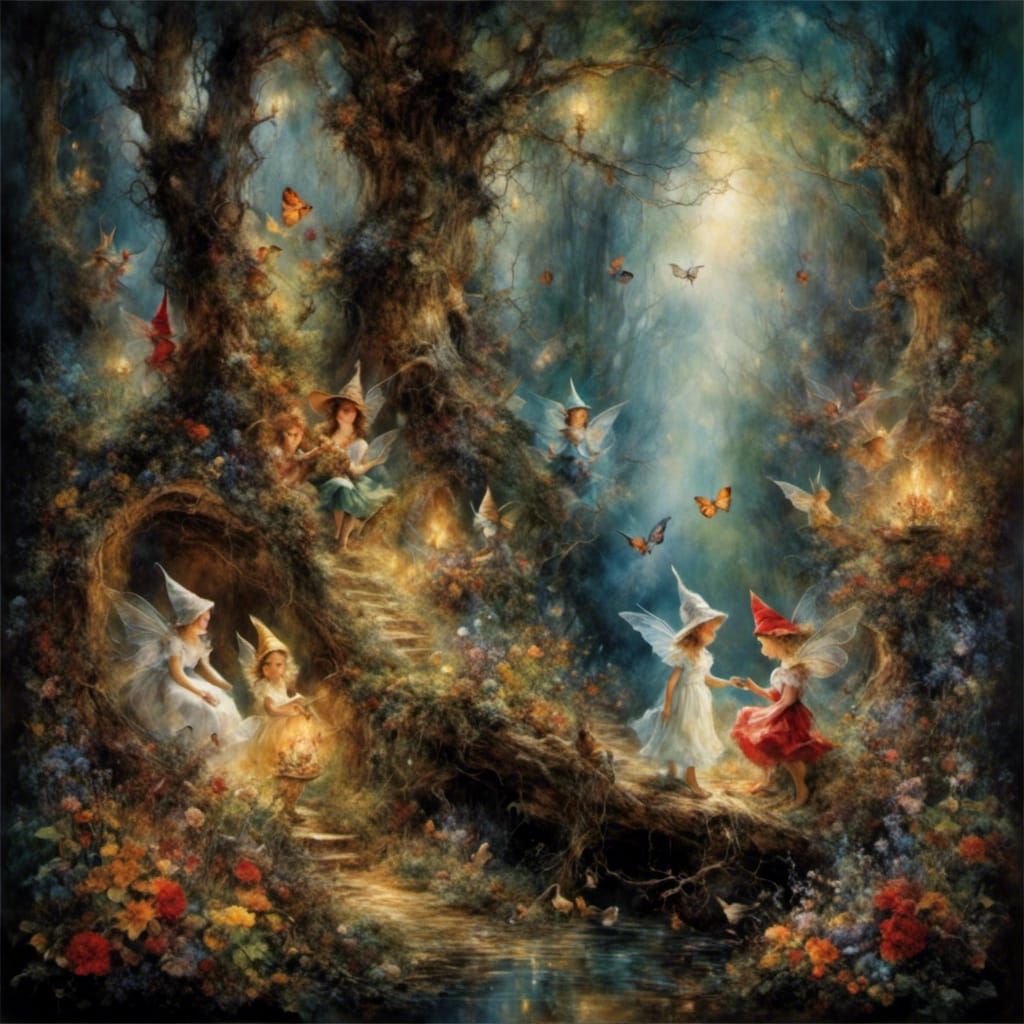 Enchanted Forest Painting with Sprites and Gnomes