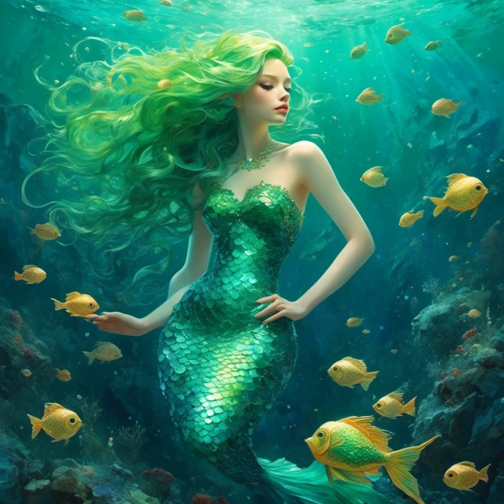Green-Haired Mermaid with Fish Scale Skin