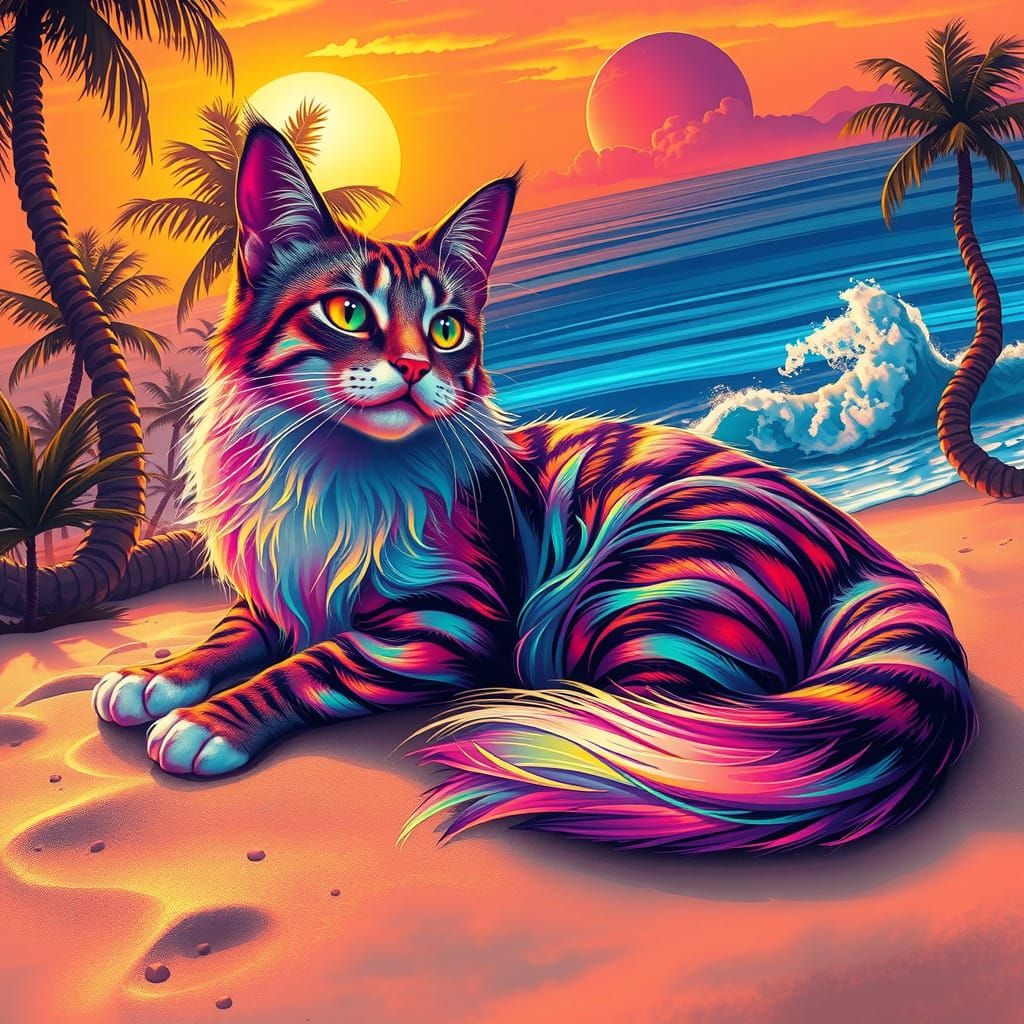 Psychedelic Cat Relaxing on a Sun-Kissed Beach