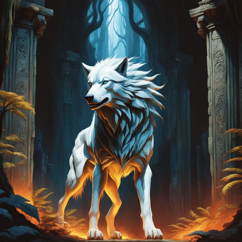 Furry Wolf Spirit in Jungle Temple, Dark Fantasy Art