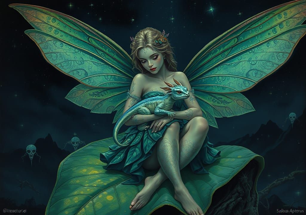 Fairy Cradling Dragon in Moebius Style Illustration