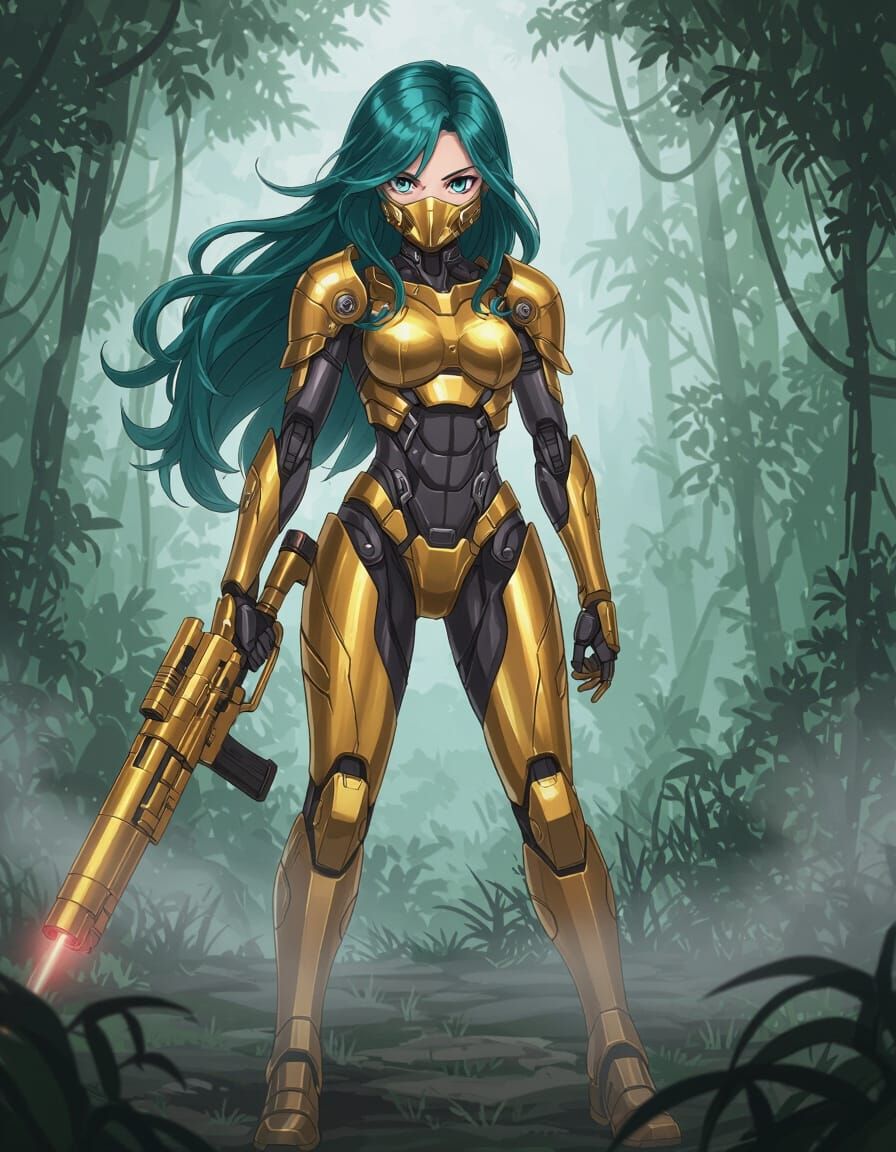 Cyborg Girl with Laser Rifle in Misty Jungle