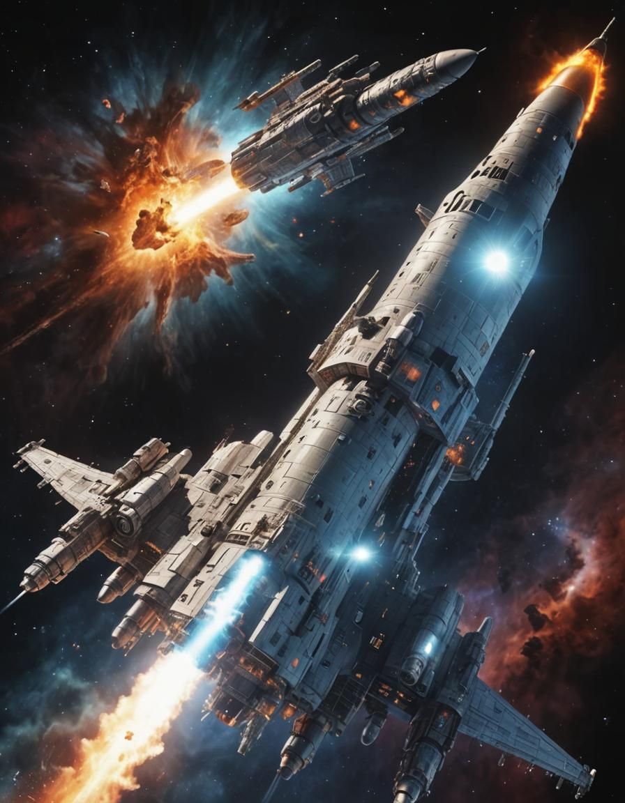 Battleship Rocket Flying Through Space in Hyperrealism