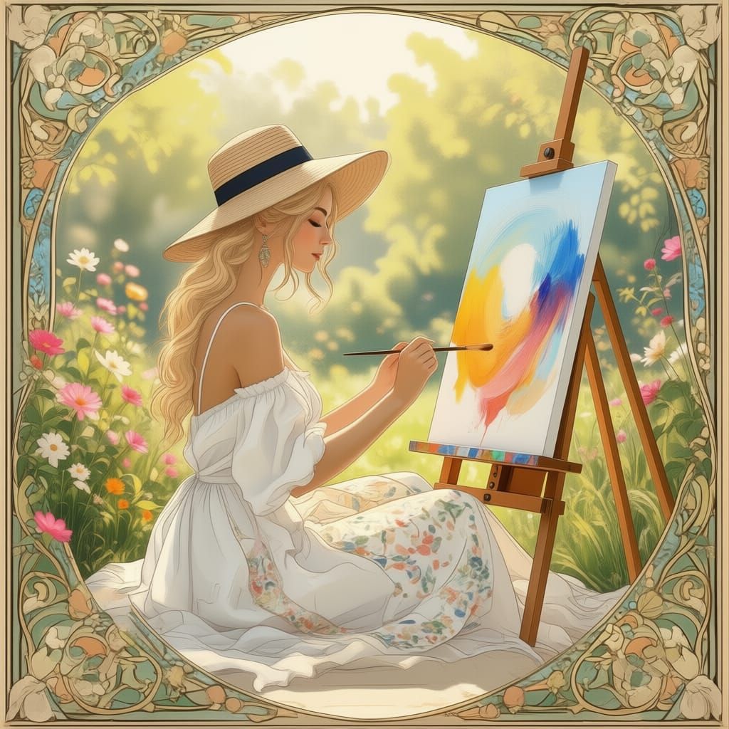 Woman in Garden Painting with Sailboat Dress