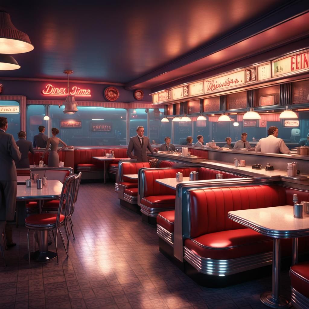 Vibrant 1950s Diner Scene at Night