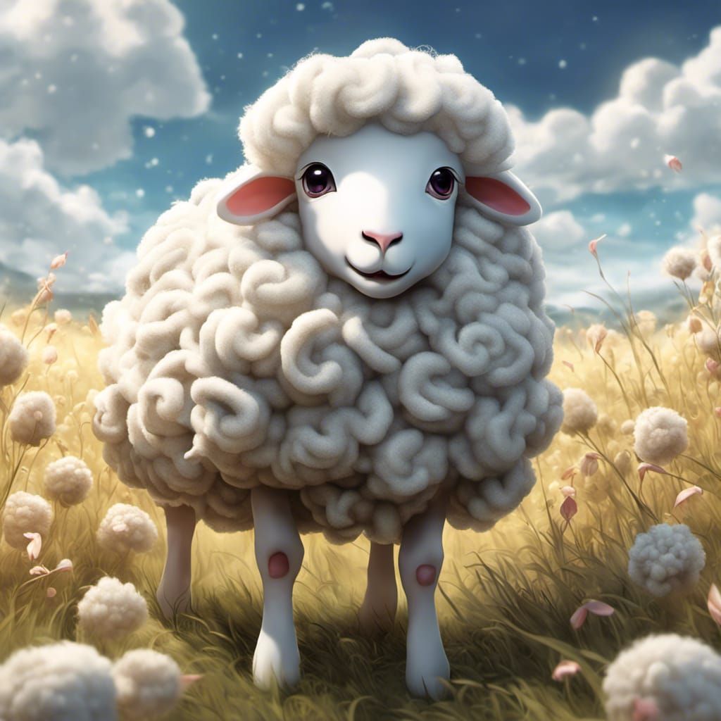 Kawaii Fluffy Sheep in Field, Anime Style