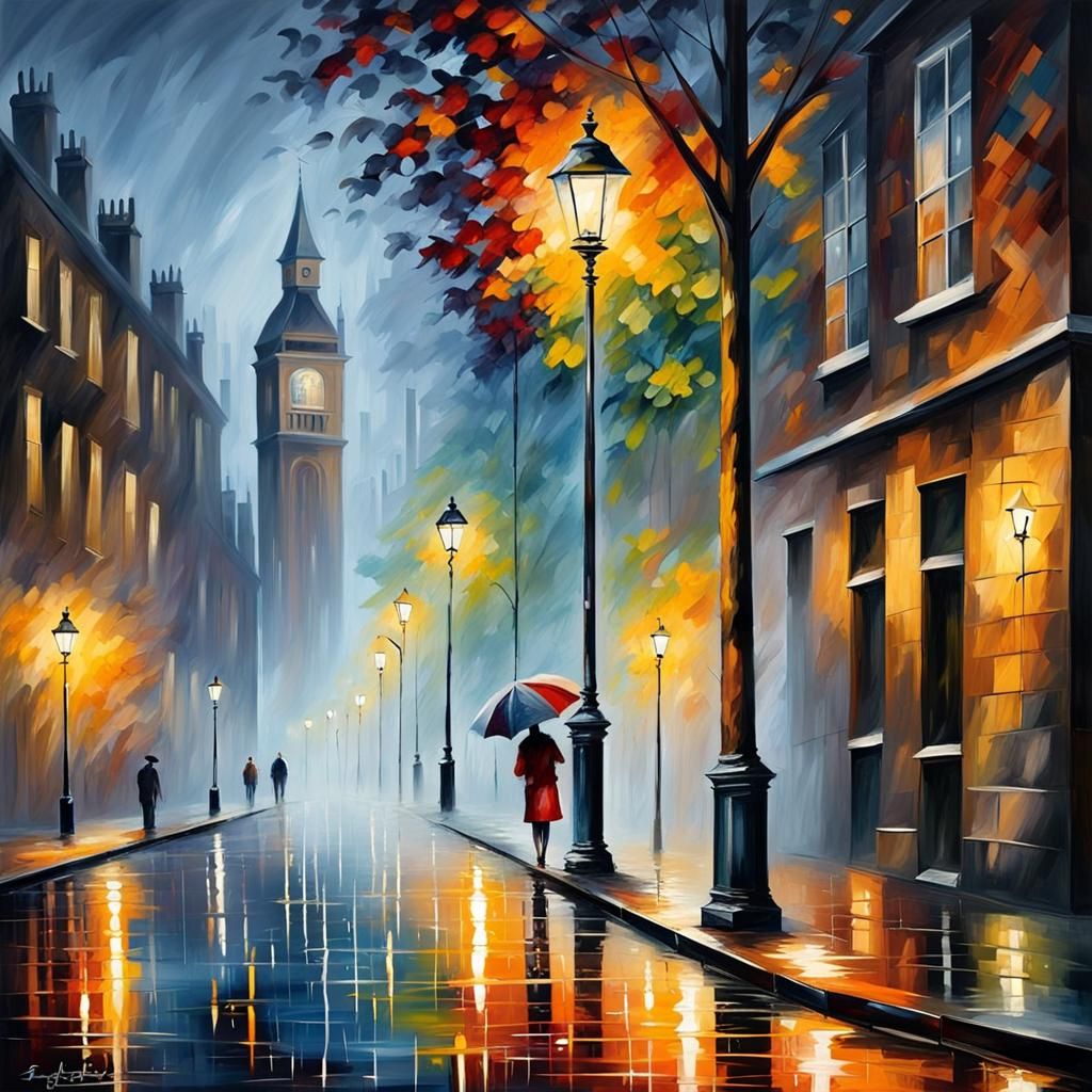 Rainy London Street in Afremov Style
